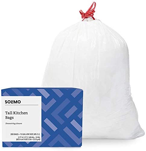 Amazon Brand - Solimo Tall Kitchen Drawstring Trash Bags, 13 Gallon, 200 Count